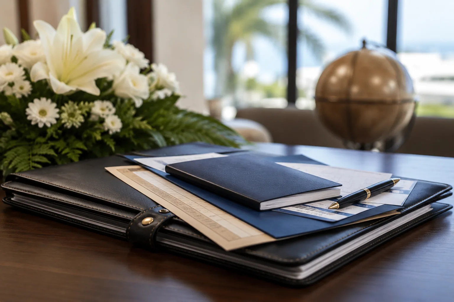 Arrangement documents with flowers, used as illustrative planning imagery