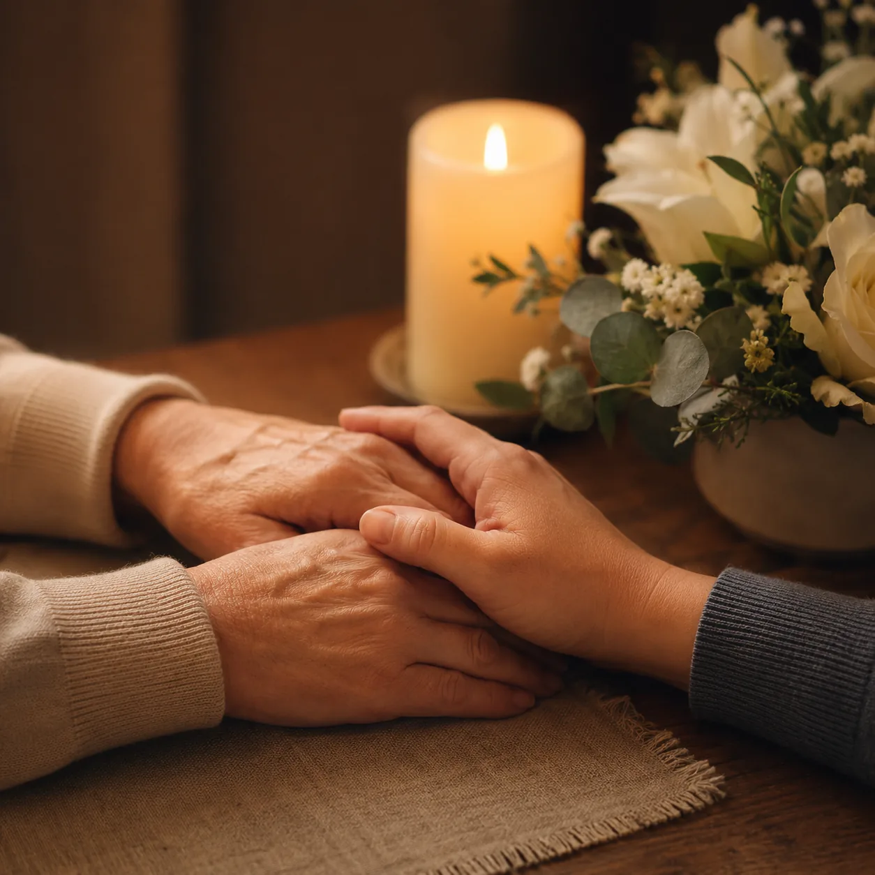 Two people holding hands in a quiet moment, illustrative family support imagery