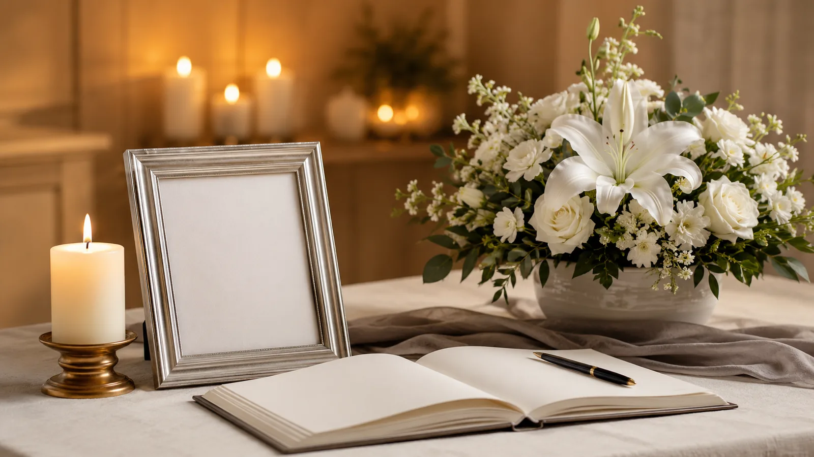 Condolence book, candle and white flowers