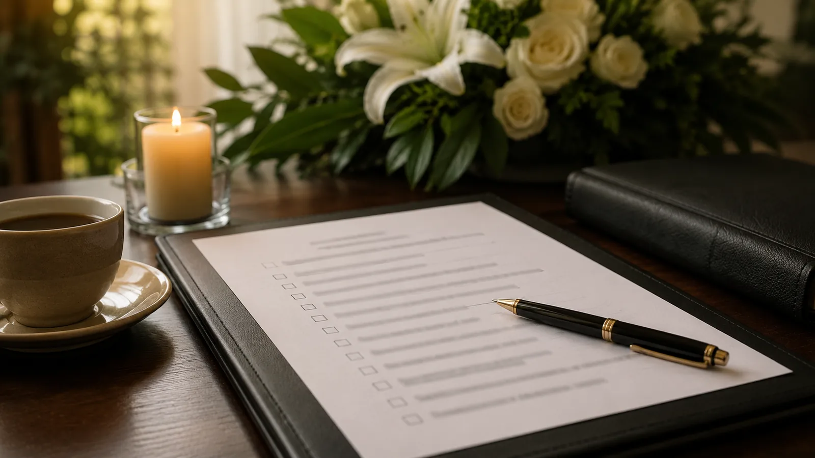 Planning form, pen, candle and flowers